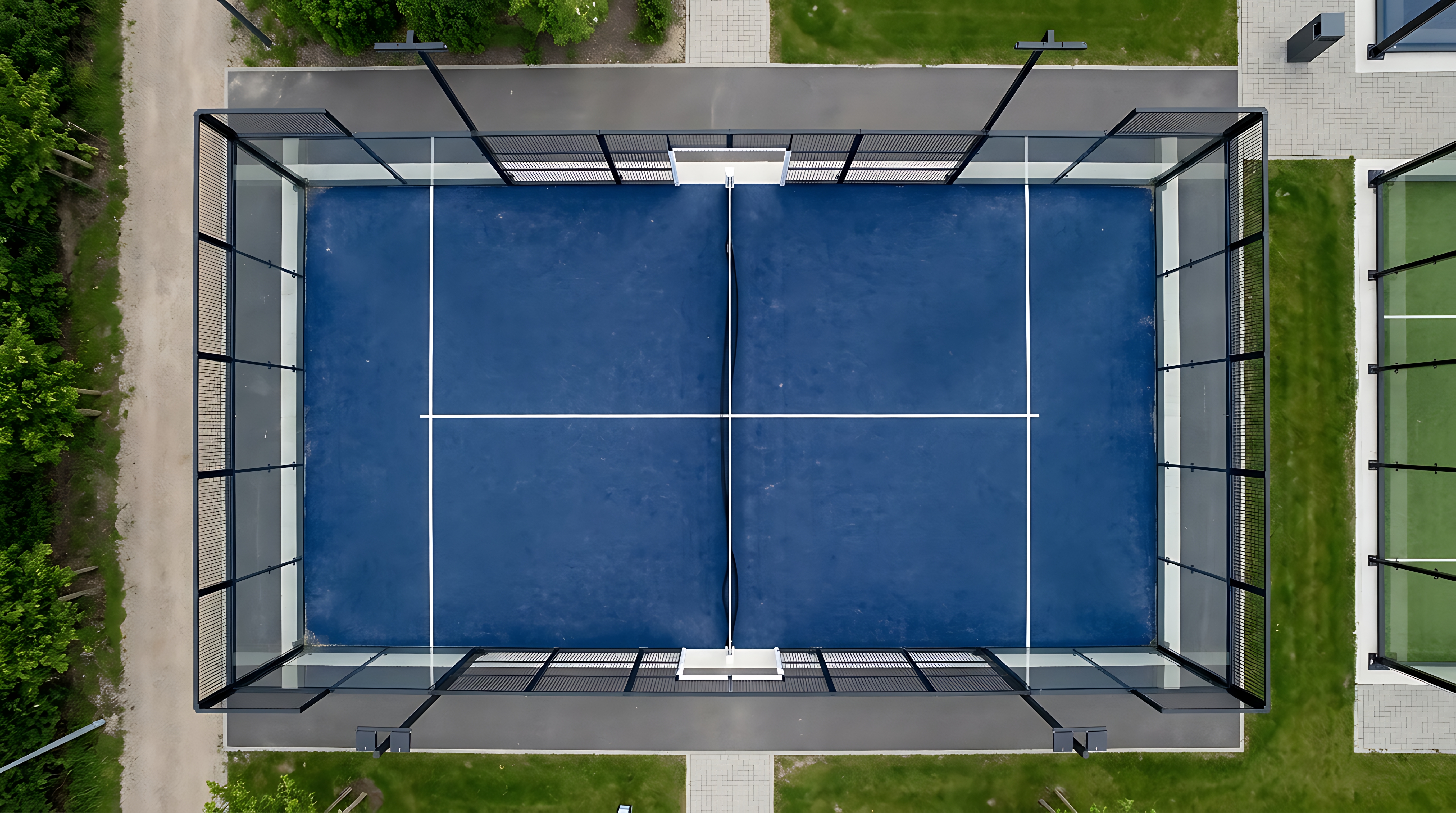 Vista aérea de uma quadra azul de padel