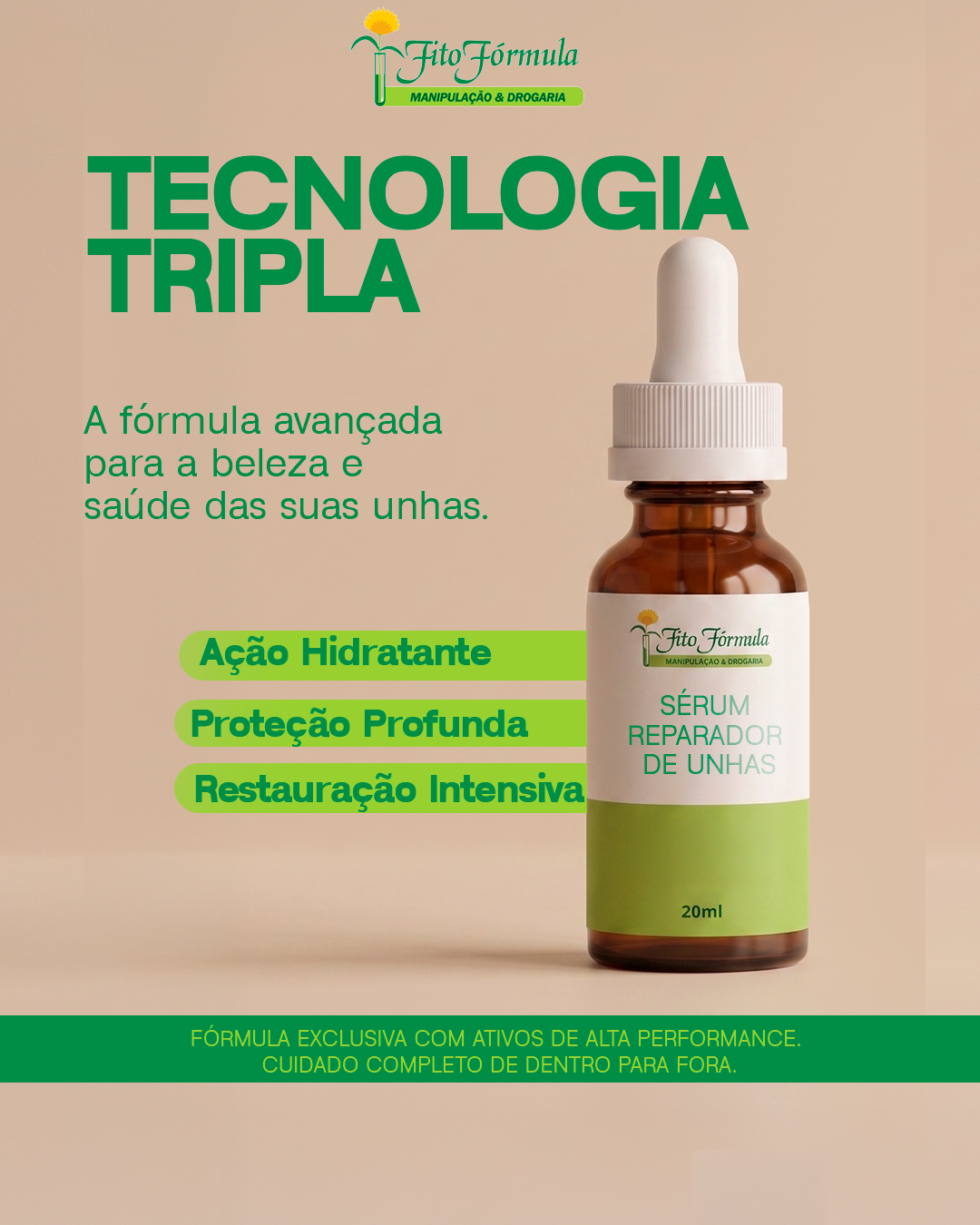 Peça visual do Serum Reparador de Unhas destacando sua Tecnologia Tripla