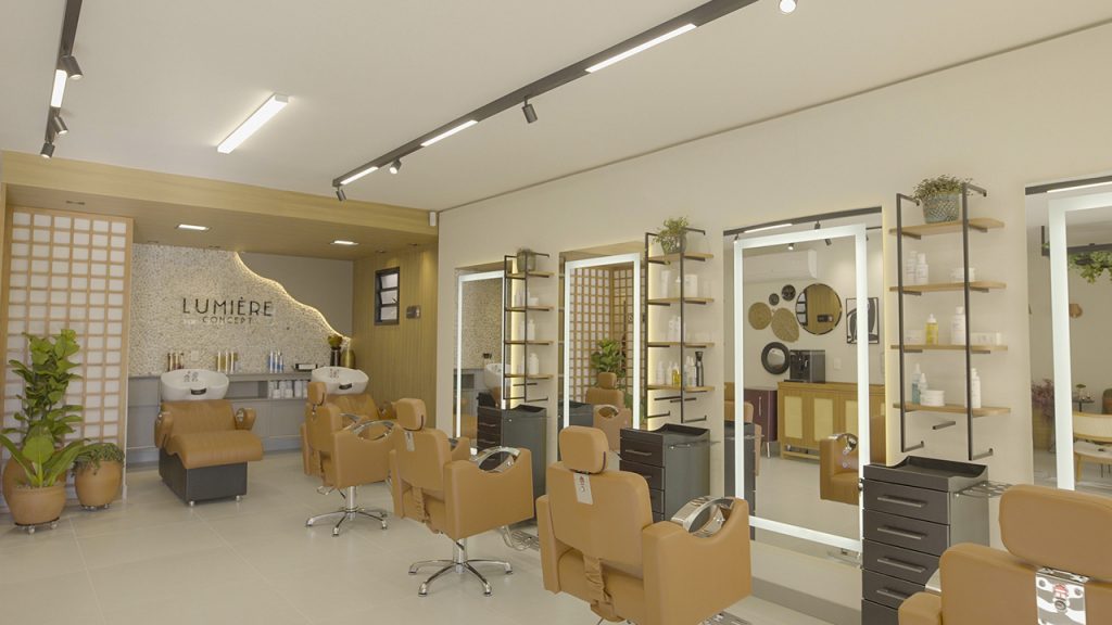 Interior elegante e poltronas confortáveis da Lumière Concept, um conceito moderno e sofisticado de salão de beleza em Vinhedo.